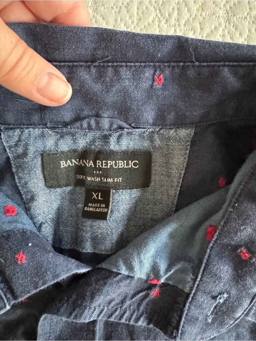 Banana Republic Navy Short Sleeve Button-Down with Pink Micro Dots